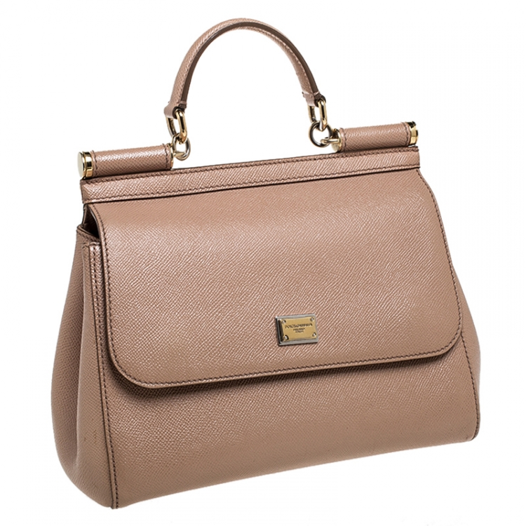 Pre Owned Dolce and Gabbana Beige Dauphine Leather Medium Miss Sicily Top Handle Bag
