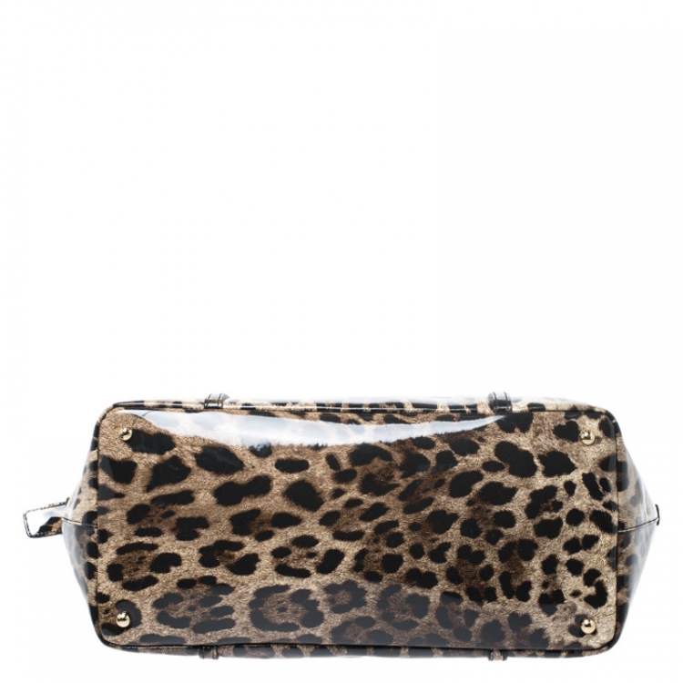 Pre Owned Dolce & Gabbana Black/Beige Leopard Print Patent Leather Miss Escape Tote