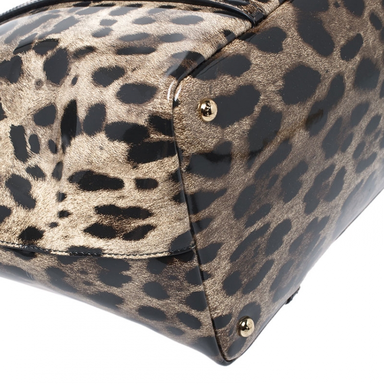 Pre Owned Dolce & Gabbana Black/Beige Leopard Print Patent Leather Miss Escape Tote
