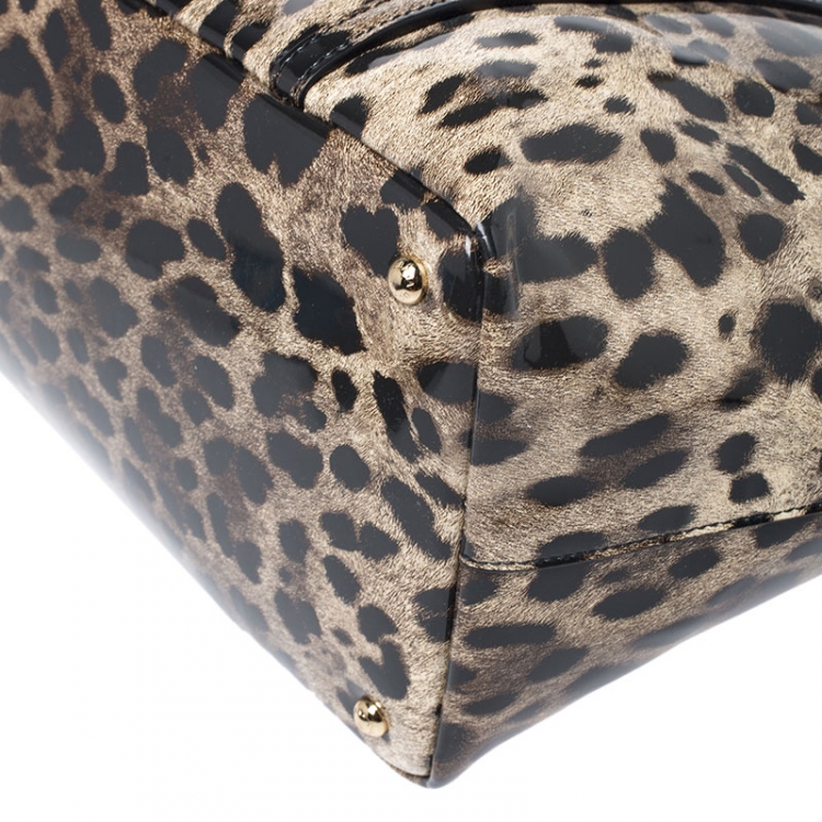 Pre Owned Dolce & Gabbana Black/Beige Leopard Print Patent Leather Miss Escape Tote
