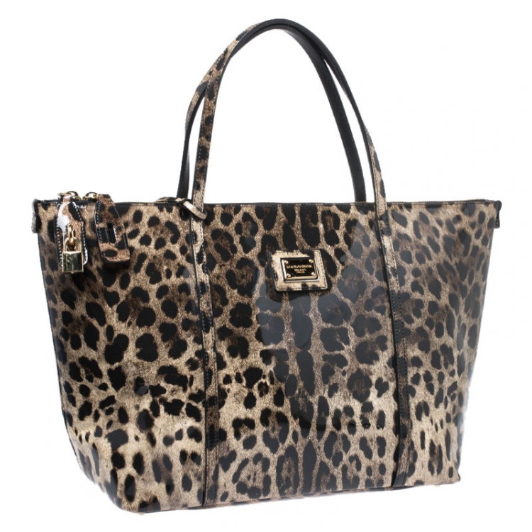 Pre Owned Dolce & Gabbana Black/Beige Leopard Print Patent Leather Miss Escape Tote