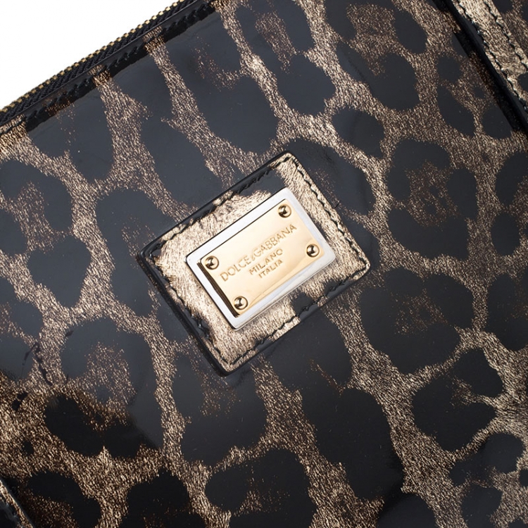 Pre Owned Dolce & Gabbana Black/Beige Leopard Print Patent Leather Miss Escape Tote