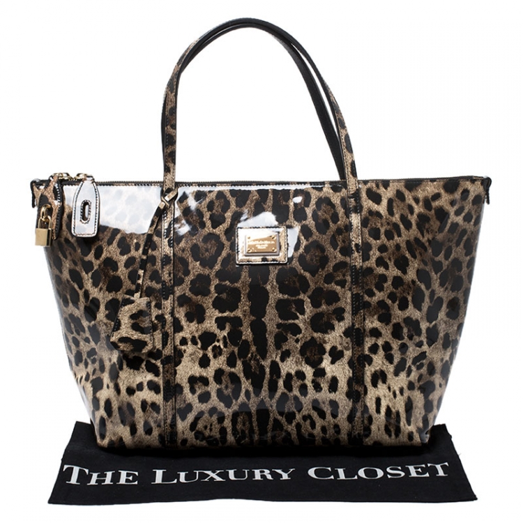 Pre Owned Dolce & Gabbana Black/Beige Leopard Print Patent Leather Miss Escape Tote