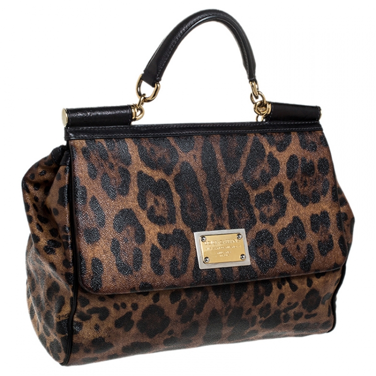 Pre Owned Dolce and Gabbana Leopard Print Coated Canvas and Leather Large Miss Sicily Top Handle Bag