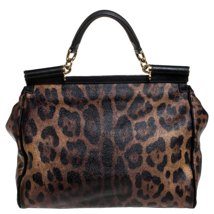 Pre Owned Dolce and Gabbana Leopard Print Coated Canvas and Leather Large Miss Sicily Top Handle Bag