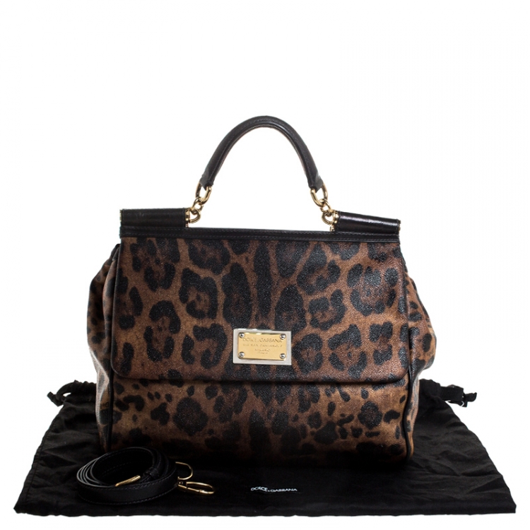 Pre Owned Dolce and Gabbana Leopard Print Coated Canvas and Leather Large Miss Sicily Top Handle Bag