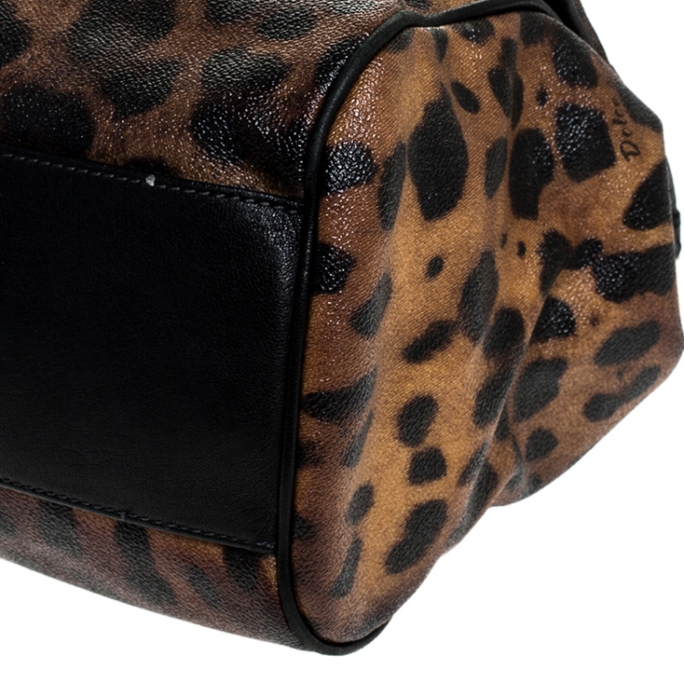Pre Owned Dolce and Gabbana Leopard Print Coated Canvas and Leather Large Miss Sicily Top Handle Bag
