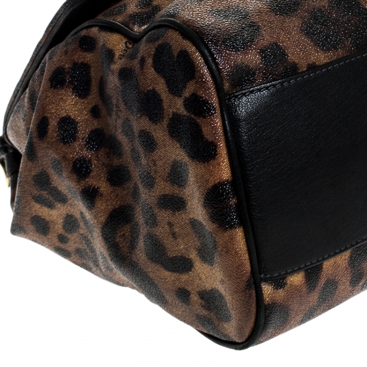 Pre Owned Dolce and Gabbana Leopard Print Coated Canvas and Leather Large Miss Sicily Top Handle Bag
