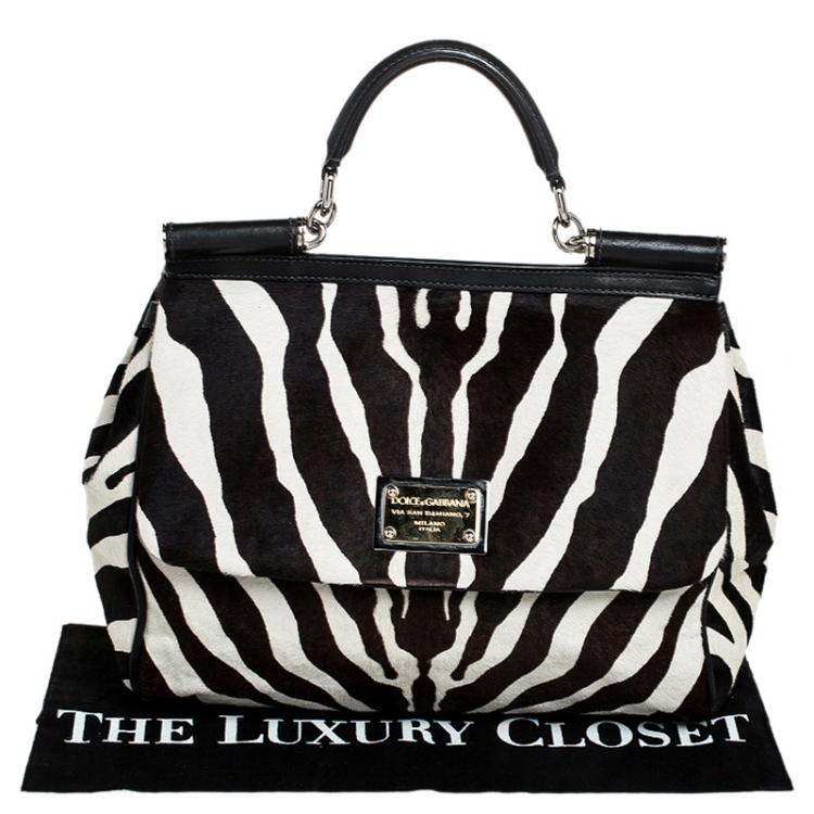 Pre Owned Dolce and Gabbana Brown/Black Zebra Print Calfhair and Leather Large Miss Sicily Top Handle Bag