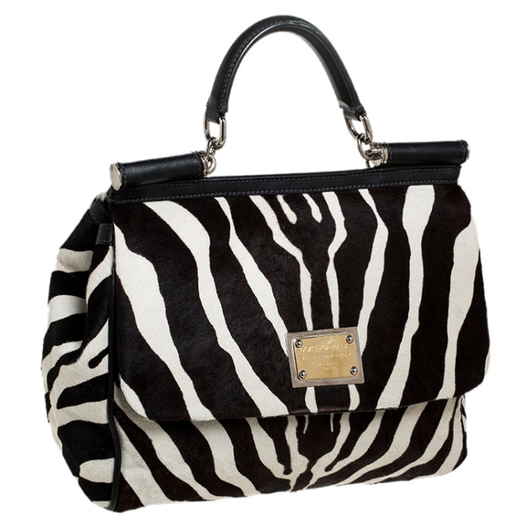 Pre Owned Dolce and Gabbana Brown/Black Zebra Print Calfhair and Leather Large Miss Sicily Top Handle Bag