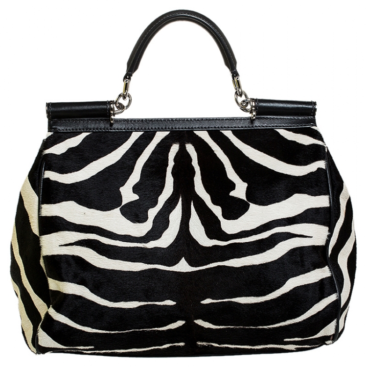 Pre Owned Dolce and Gabbana Brown/Black Zebra Print Calfhair and Leather Large Miss Sicily Top Handle Bag