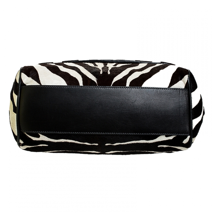 Pre Owned Dolce and Gabbana Brown/Black Zebra Print Calfhair and Leather Large Miss Sicily Top Handle Bag