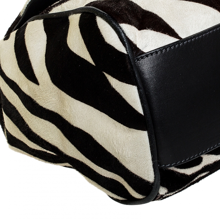 Pre Owned Dolce and Gabbana Brown/Black Zebra Print Calfhair and Leather Large Miss Sicily Top Handle Bag