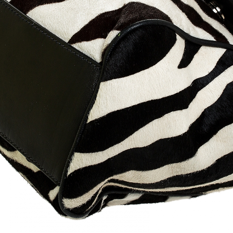 Pre Owned Dolce and Gabbana Brown/Black Zebra Print Calfhair and Leather Large Miss Sicily Top Handle Bag