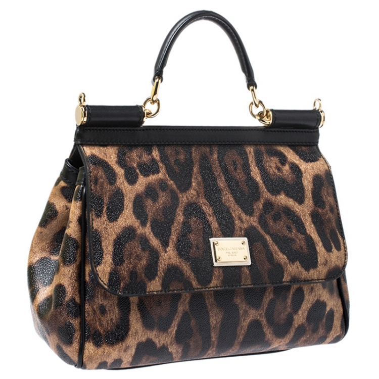 Pre Owned Dolce & Gabbana Leopard Print Leather Medium Miss Sicily Top Handle Bag