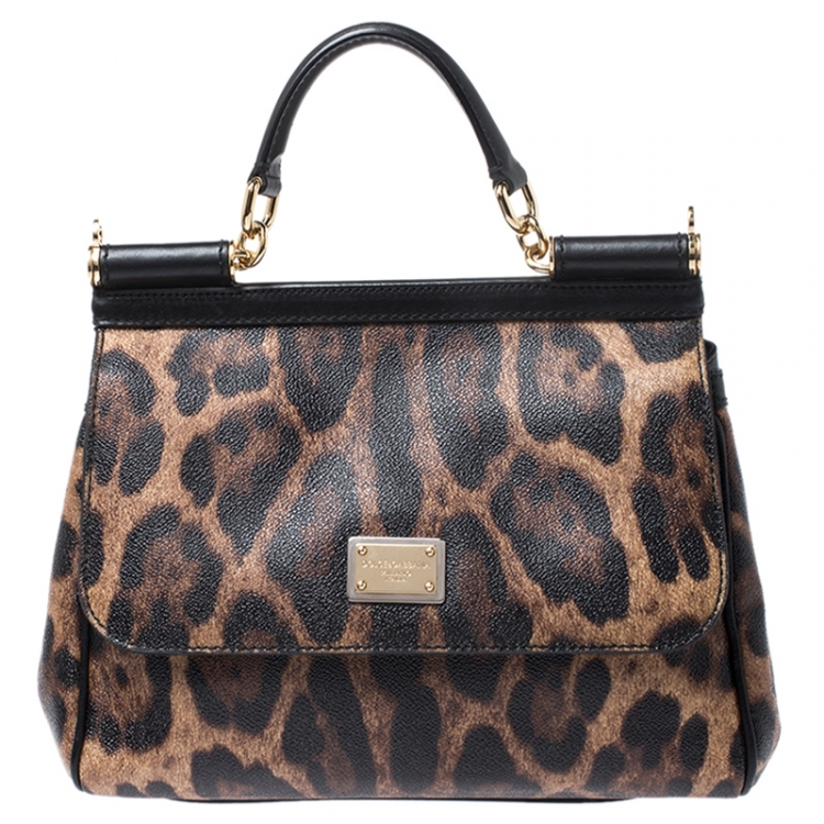 Pre Owned Dolce & Gabbana Leopard Print Leather Medium Miss Sicily Top Handle Bag