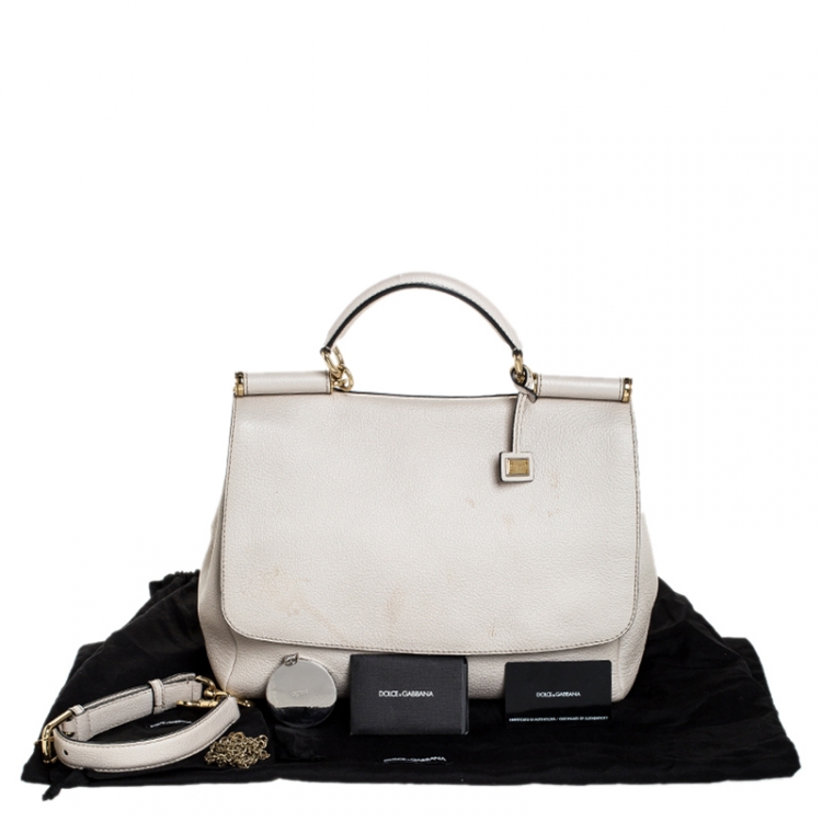 Pre Owned Dolce & Gabbana Cream Leather Flap Top Handle Bag