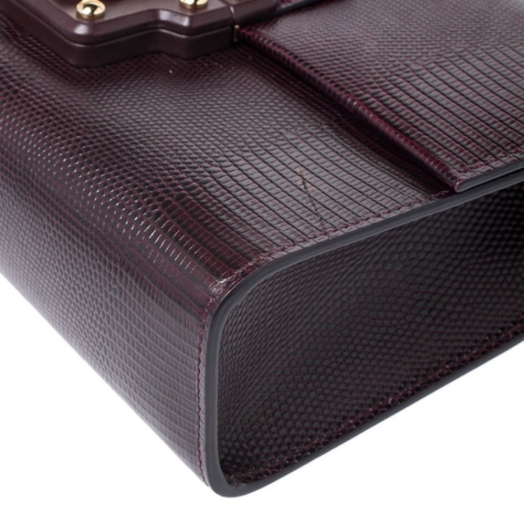 Pre Owned Dolce and Gabbana Burgundy Lizard Embossed Leather Lucia Top Handle Bag