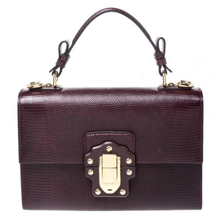 Pre Owned Dolce and Gabbana Burgundy Lizard Embossed Leather Lucia Top Handle Bag