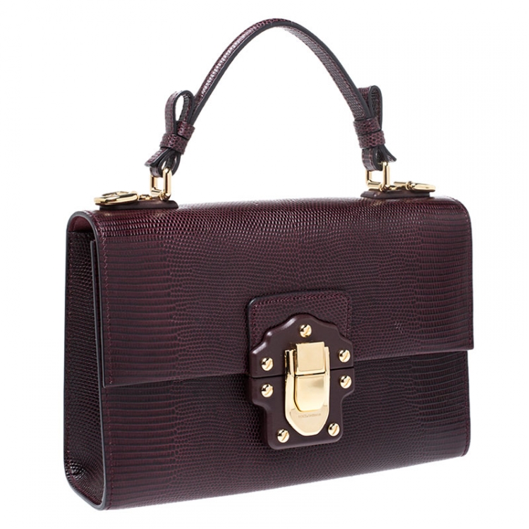 Pre Owned Dolce and Gabbana Burgundy Lizard Embossed Leather Lucia Top Handle Bag