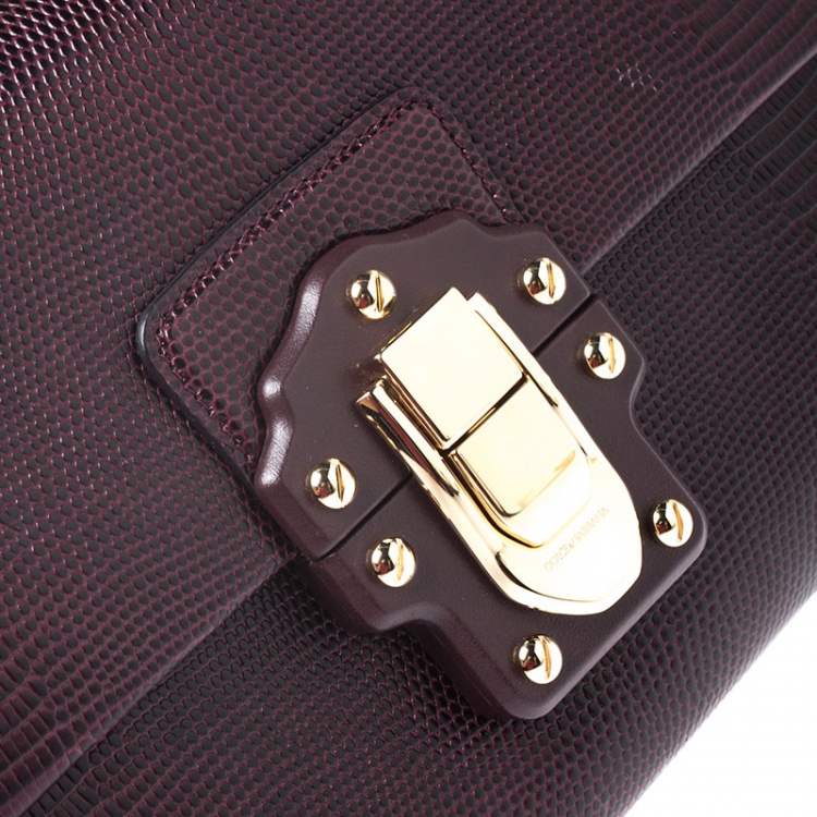 Pre Owned Dolce and Gabbana Burgundy Lizard Embossed Leather Lucia Top Handle Bag