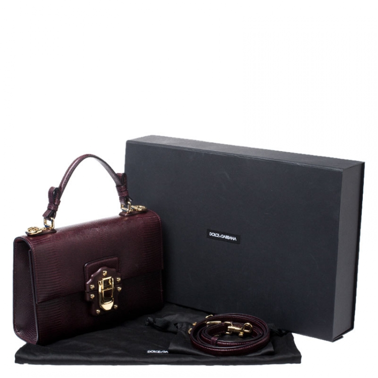 Pre Owned Dolce and Gabbana Burgundy Lizard Embossed Leather Lucia Top Handle Bag