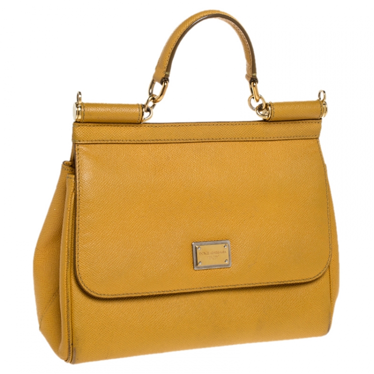 Pre Owned Dolce and Gabbana Mustard Leather Medium Miss Sicily Top Handle Bag