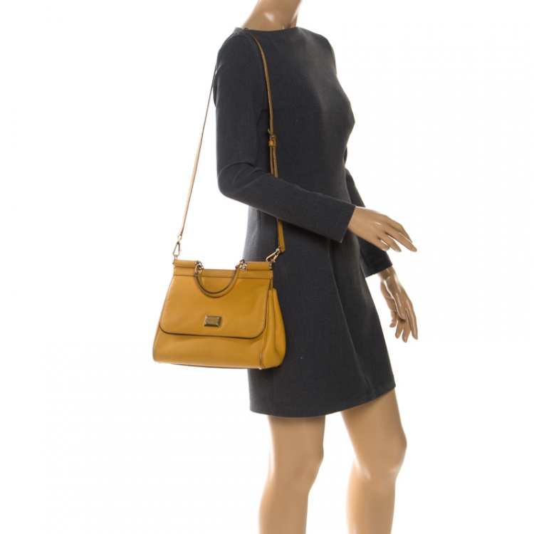 Pre Owned Dolce and Gabbana Mustard Leather Medium Miss Sicily Top Handle Bag
