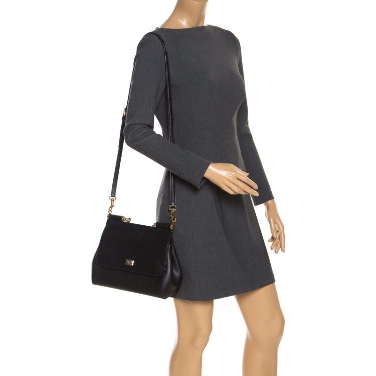 Pre Owned Dolce and Gabbana Black Dauphine Leather Medium Miss Sicily Bag