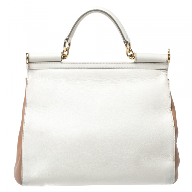 Pre Owned Dolce & Gabbana  Cream/Beige Leather Large Miss Sicily Top Handle Bag