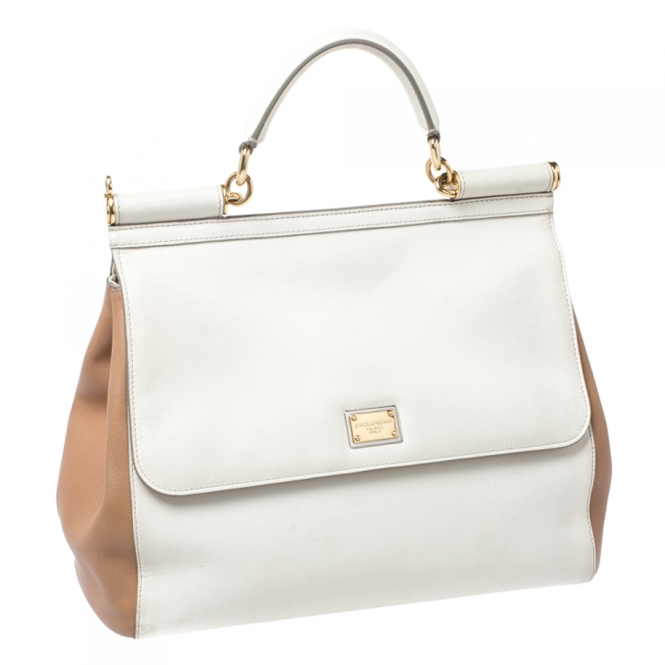Pre Owned Dolce & Gabbana  Cream/Beige Leather Large Miss Sicily Top Handle Bag