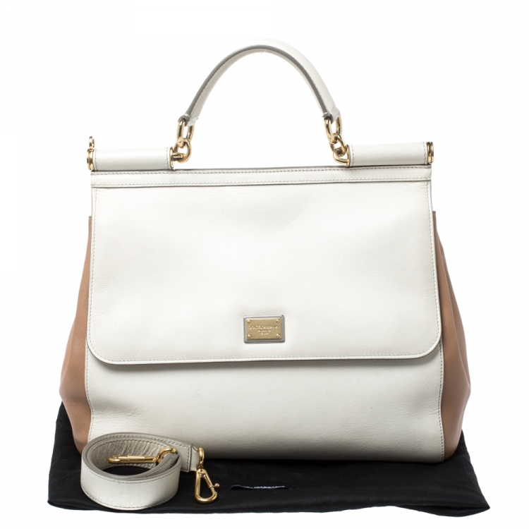 Pre Owned Dolce & Gabbana  Cream/Beige Leather Large Miss Sicily Top Handle Bag