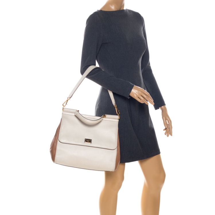 Pre Owned Dolce & Gabbana  Cream/Beige Leather Large Miss Sicily Top Handle Bag