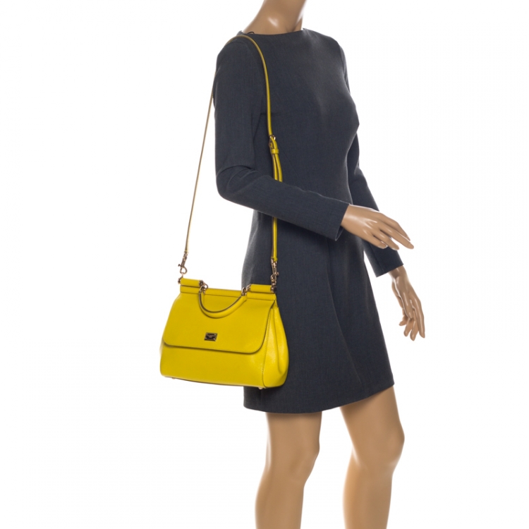 Pre Owned Dolce & Gabbana Yellow Dauphine Leather Medium Miss Sicily Top Handle Bag