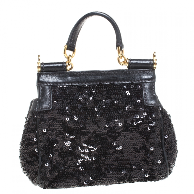 Pre Owned Dolce & Gabbana Black Sequin Mini Miss Sicily Top Handle Bag