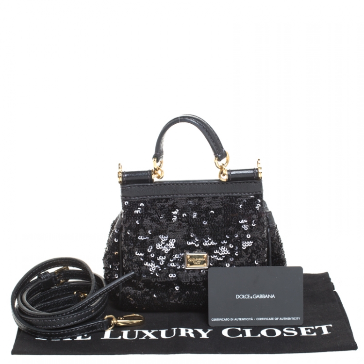 Pre Owned Dolce & Gabbana Black Sequin Mini Miss Sicily Top Handle Bag