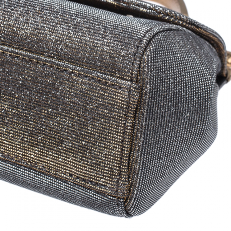 Pre Owned Dolce and Gabbana Dark Gold Logo Crystal Embellished  Lame Fabric and Leather Micro Sicily Top Handle Bag