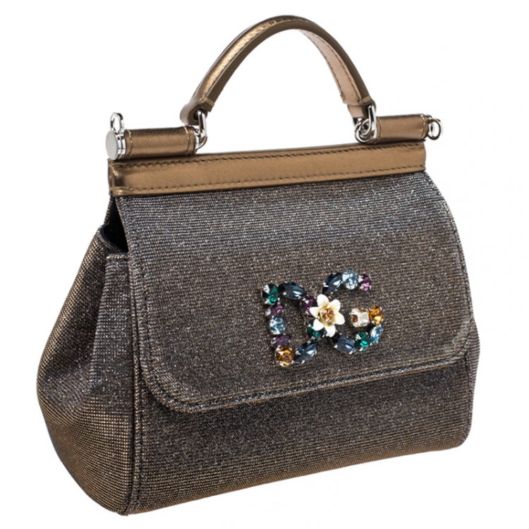 Pre Owned Dolce and Gabbana Dark Gold Logo Crystal Embellished  Lame Fabric and Leather Micro Sicily Top Handle Bag