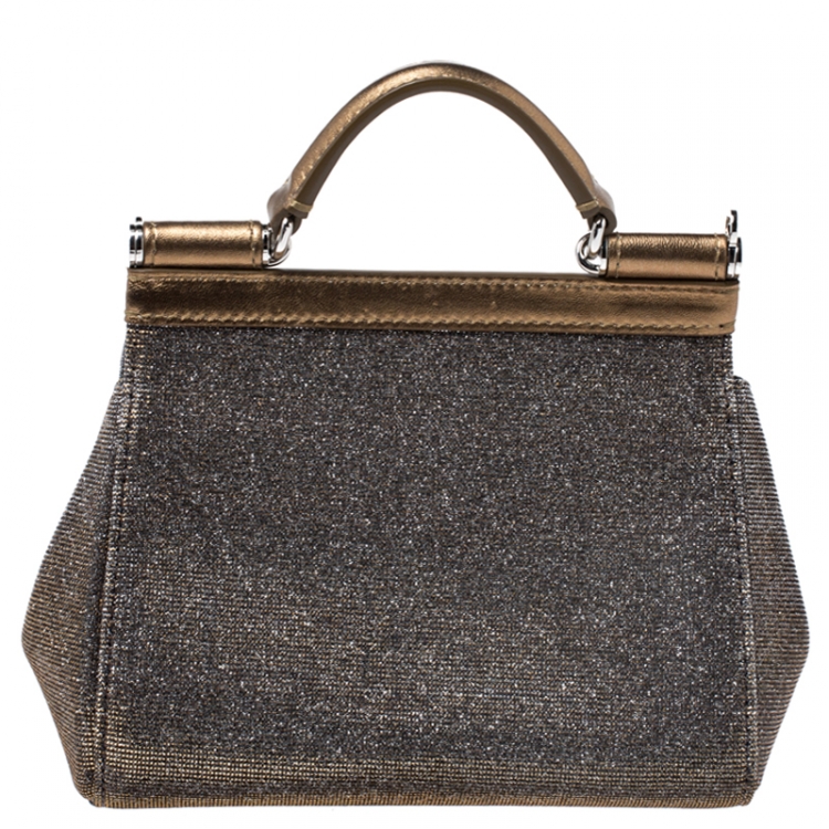 Pre Owned Dolce and Gabbana Dark Gold Logo Crystal Embellished  Lame Fabric and Leather Micro Sicily Top Handle Bag