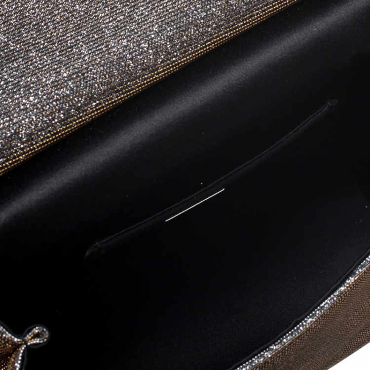 Pre Owned Dolce and Gabbana Dark Gold Logo Crystal Embellished  Lame Fabric and Leather Micro Sicily Top Handle Bag