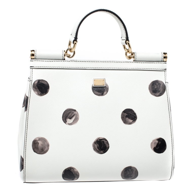 Pre Owned Dolce and Gabbana White/Black Polka Dot Leather Medium Miss Sicily Top Handle Bag