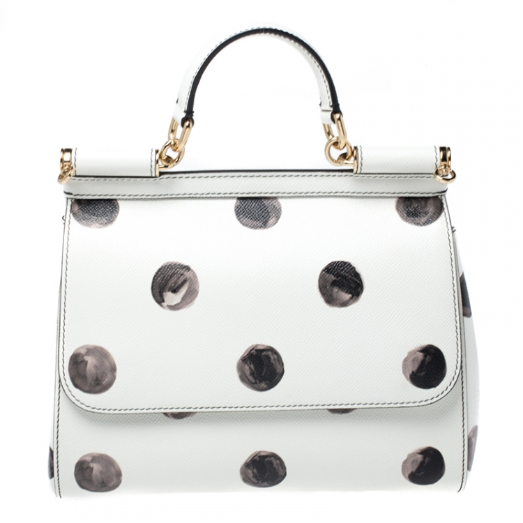Pre Owned Dolce and Gabbana White/Black Polka Dot Leather Medium Miss Sicily Top Handle Bag