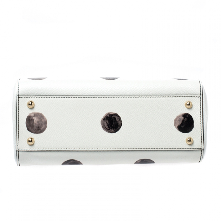 Pre Owned Dolce and Gabbana White/Black Polka Dot Leather Medium Miss Sicily Top Handle Bag