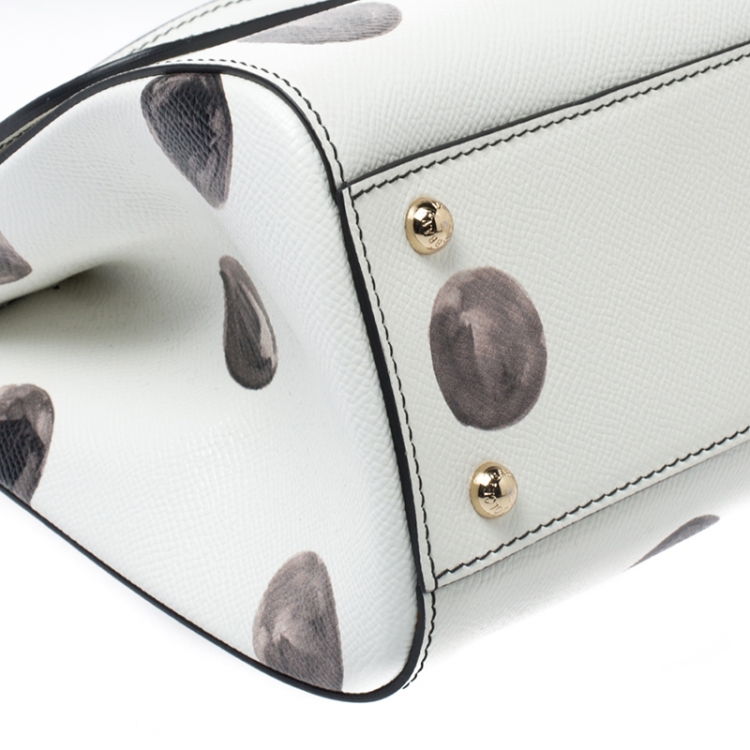 Pre Owned Dolce and Gabbana White/Black Polka Dot Leather Medium Miss Sicily Top Handle Bag