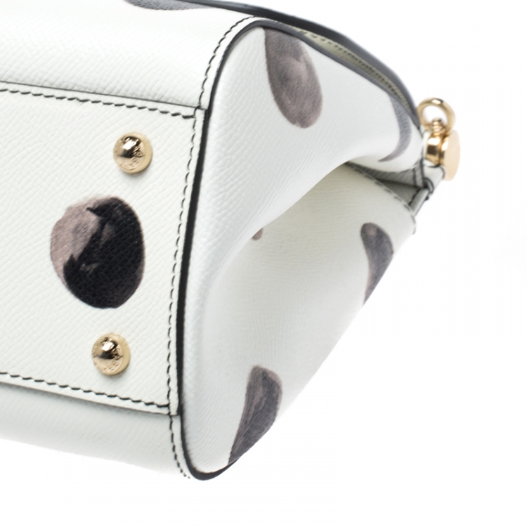 Pre Owned Dolce and Gabbana White/Black Polka Dot Leather Medium Miss Sicily Top Handle Bag