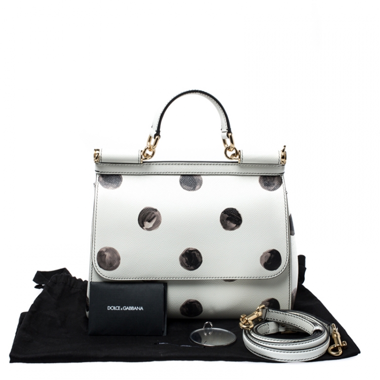 Pre Owned Dolce and Gabbana White/Black Polka Dot Leather Medium Miss Sicily Top Handle Bag