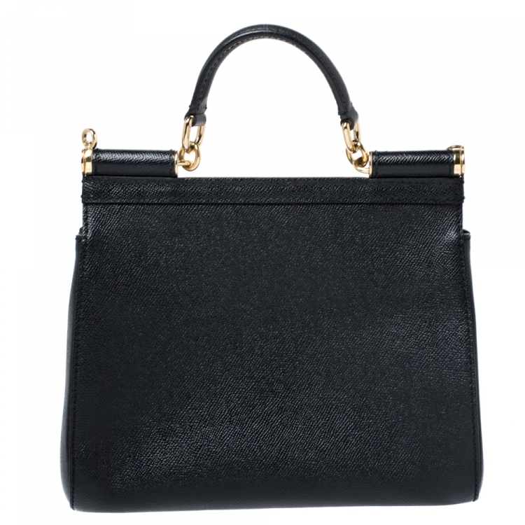 Pre Owned Dolce and Gabbana Black Dauphine Leather Medium Miss Sicily Top Handle Bag