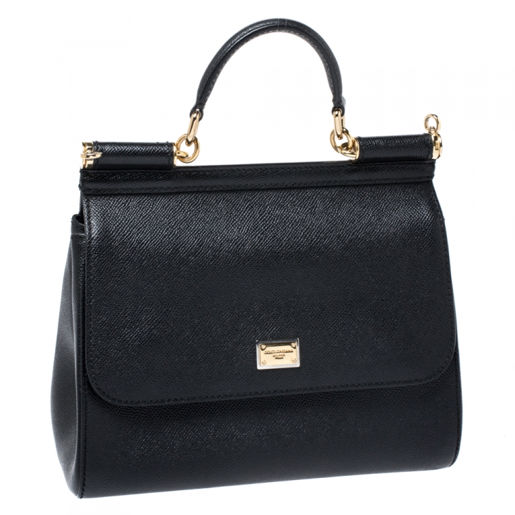 Pre Owned Dolce and Gabbana Black Dauphine Leather Medium Miss Sicily Top Handle Bag