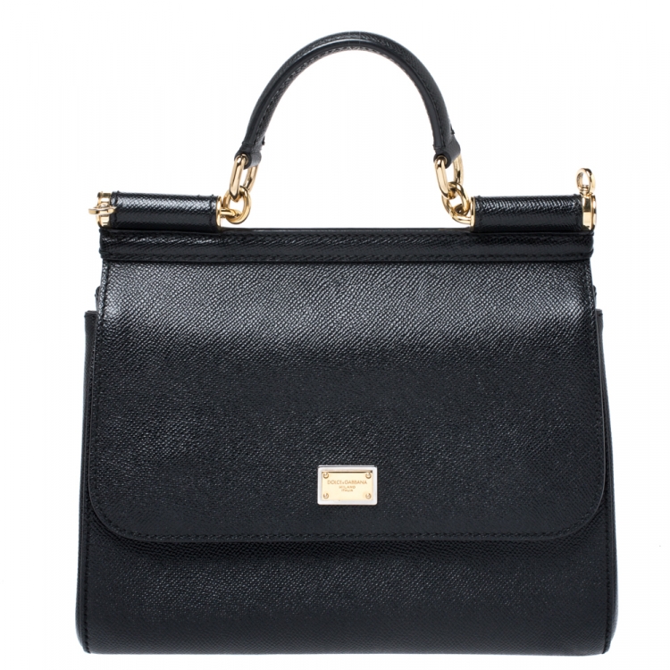 Pre Owned Dolce and Gabbana Black Dauphine Leather Medium Miss Sicily Top Handle Bag