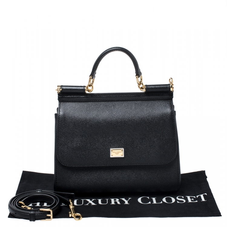 Pre Owned Dolce and Gabbana Black Dauphine Leather Medium Miss Sicily Top Handle Bag